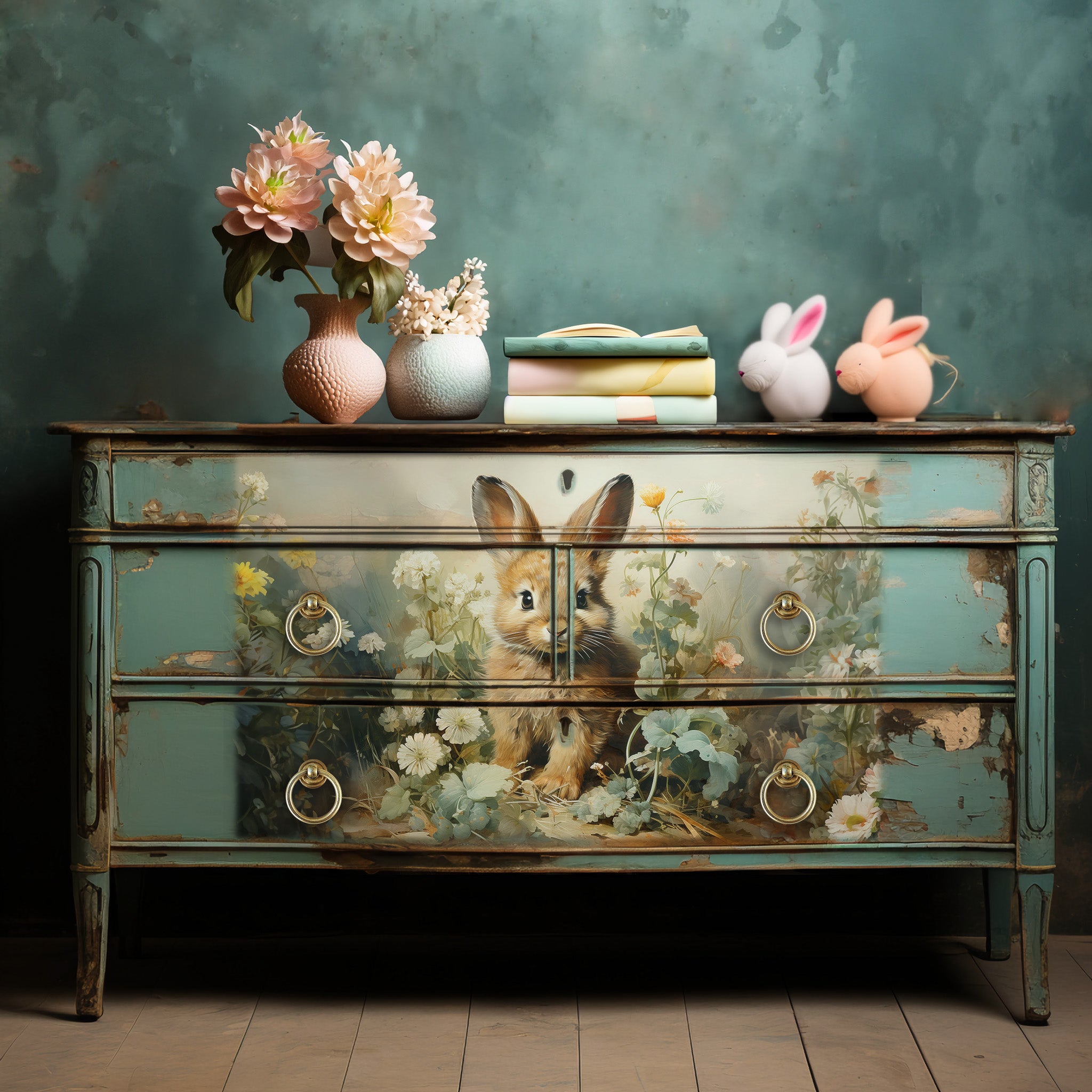 A vintage dresser is painted a weathered pale blue and features 1 design from ReDesign with Prima's Dreamy Bunnies tissue paper in the center of its drawers.