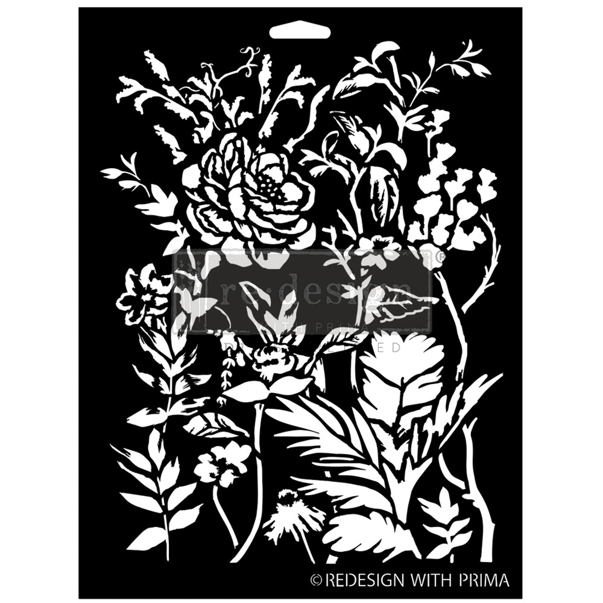 A black stencil against a white background of a delicate floral design that features small blossoms and large roses.