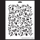 A white stencil against a black background that features a dainty floral design.