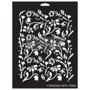 A black stencil against a white background that features a dainty floral design.