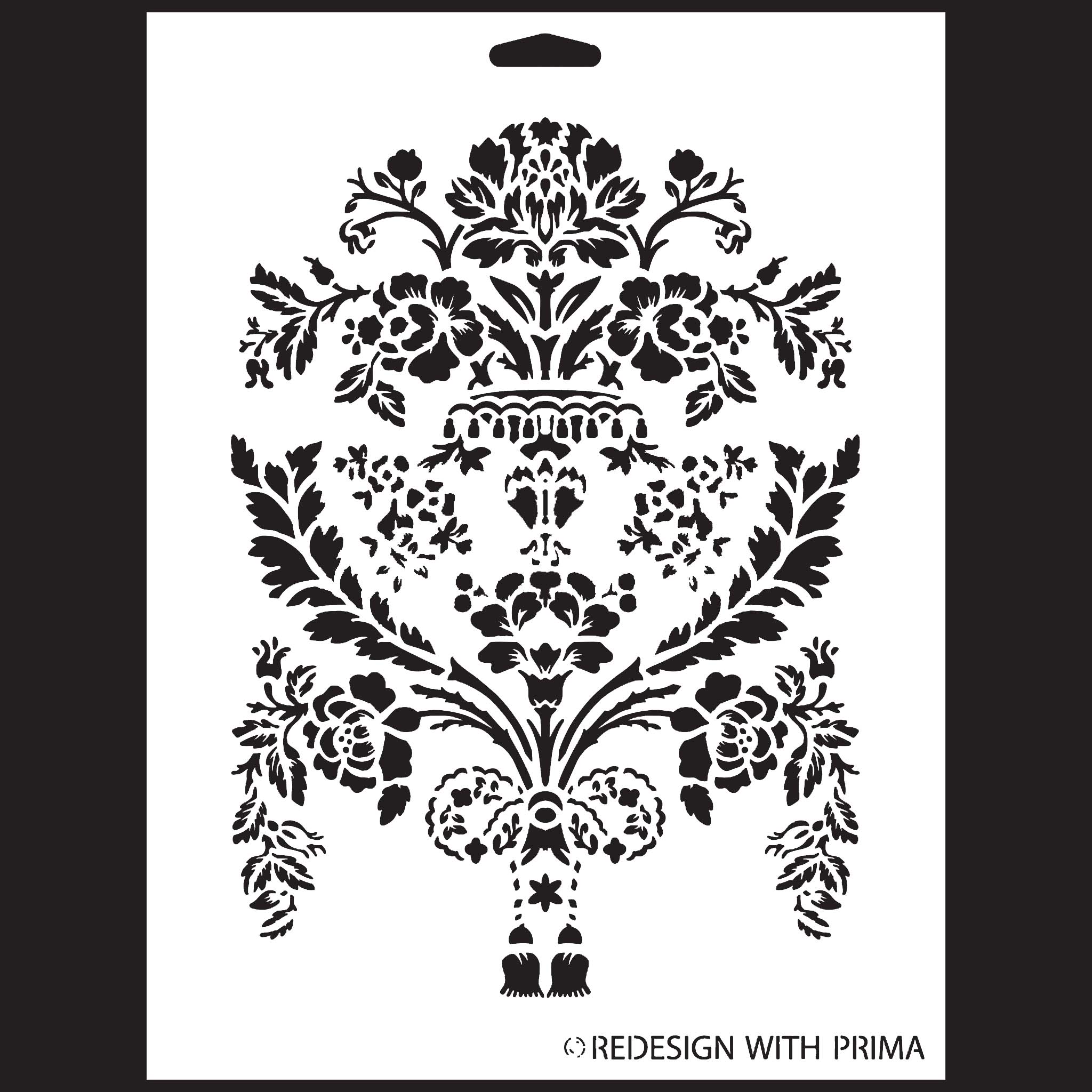 A white stencil against a black background that features a floral design with foliage in the shape of a large European vintage vase.