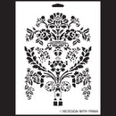 A white stencil against a black background that features a floral design with foliage in the shape of a large European vintage vase.