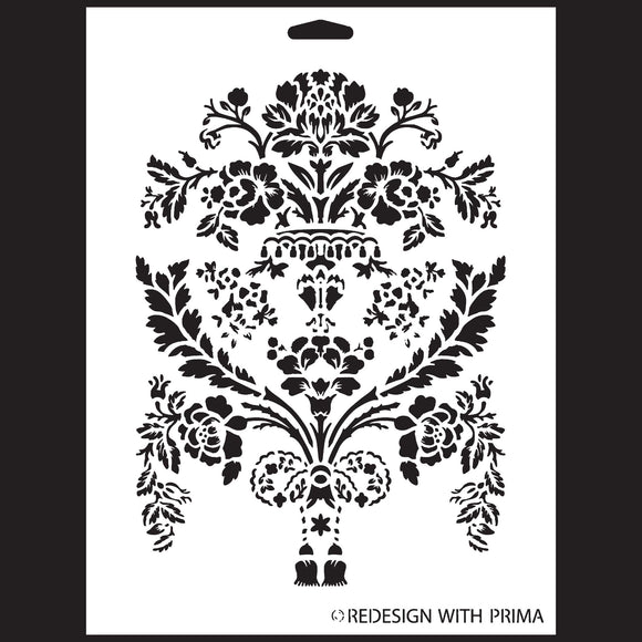 A white stencil against a black background that features a floral design with foliage in the shape of a large European vintage vase.
