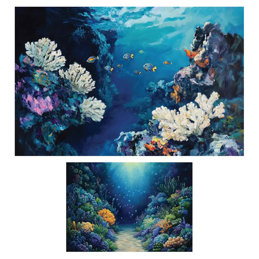 Two sheets of different size fiber papers are against a white background and feature two playful ocean-themed designs, this set showcases vibrant fish swimming through colorful coral reefs.