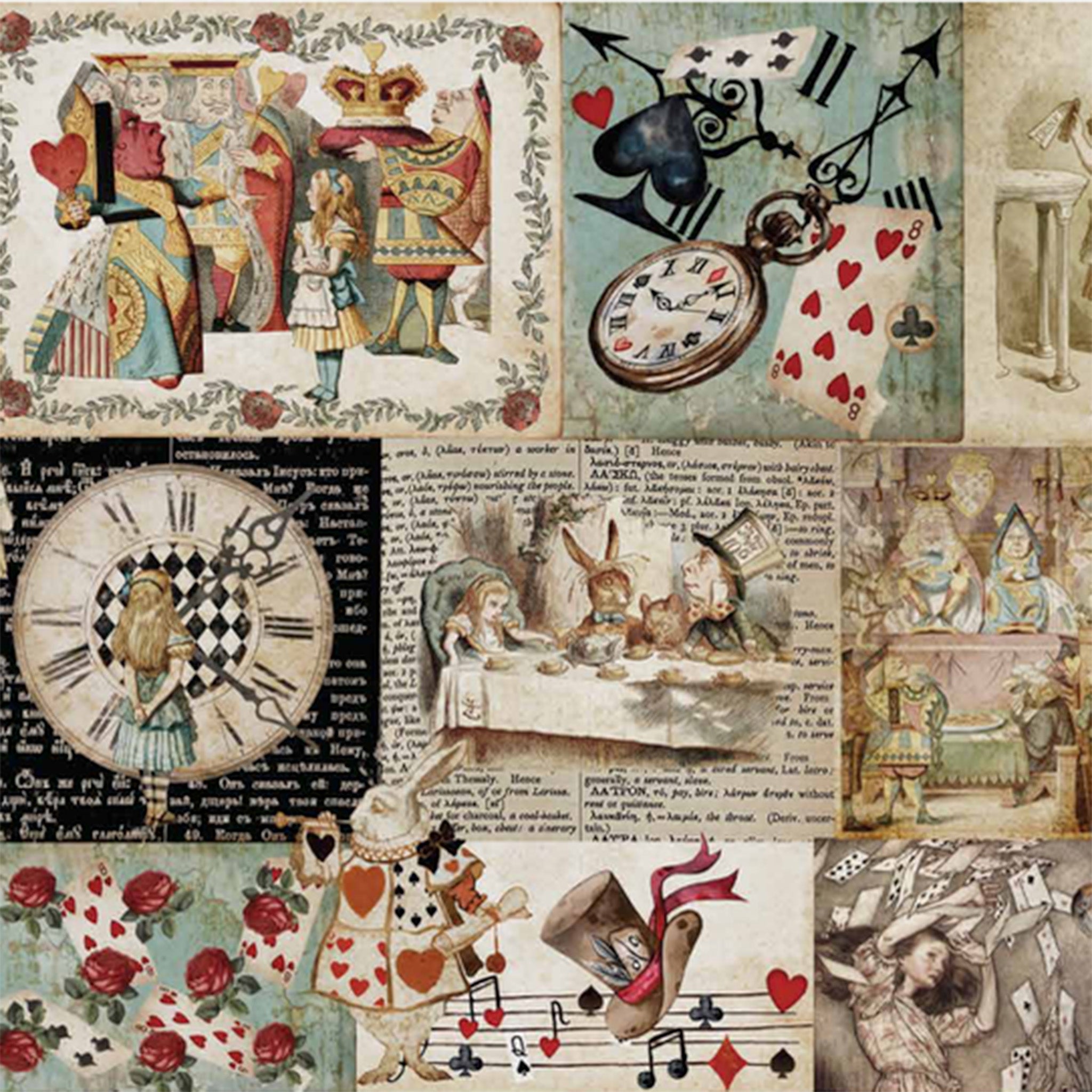 Close-up of a tissue paper design featuring a quirky collage design of harlequins, playing cards, old notes, and vintage Alice in Wonderland characters