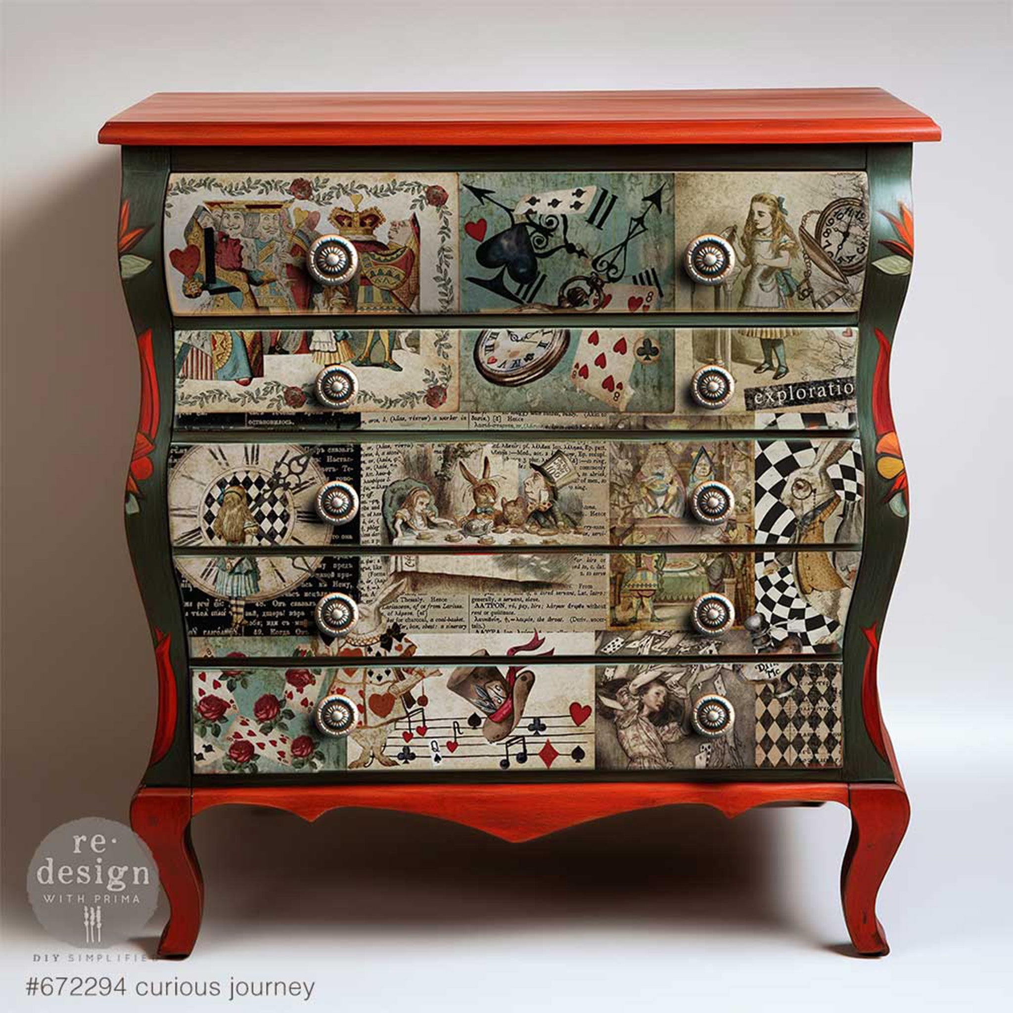 A 5-drawer chest dresser is painted red-orange and features ReDesign with Prima's Curious Journey tissue paper on the drawers.