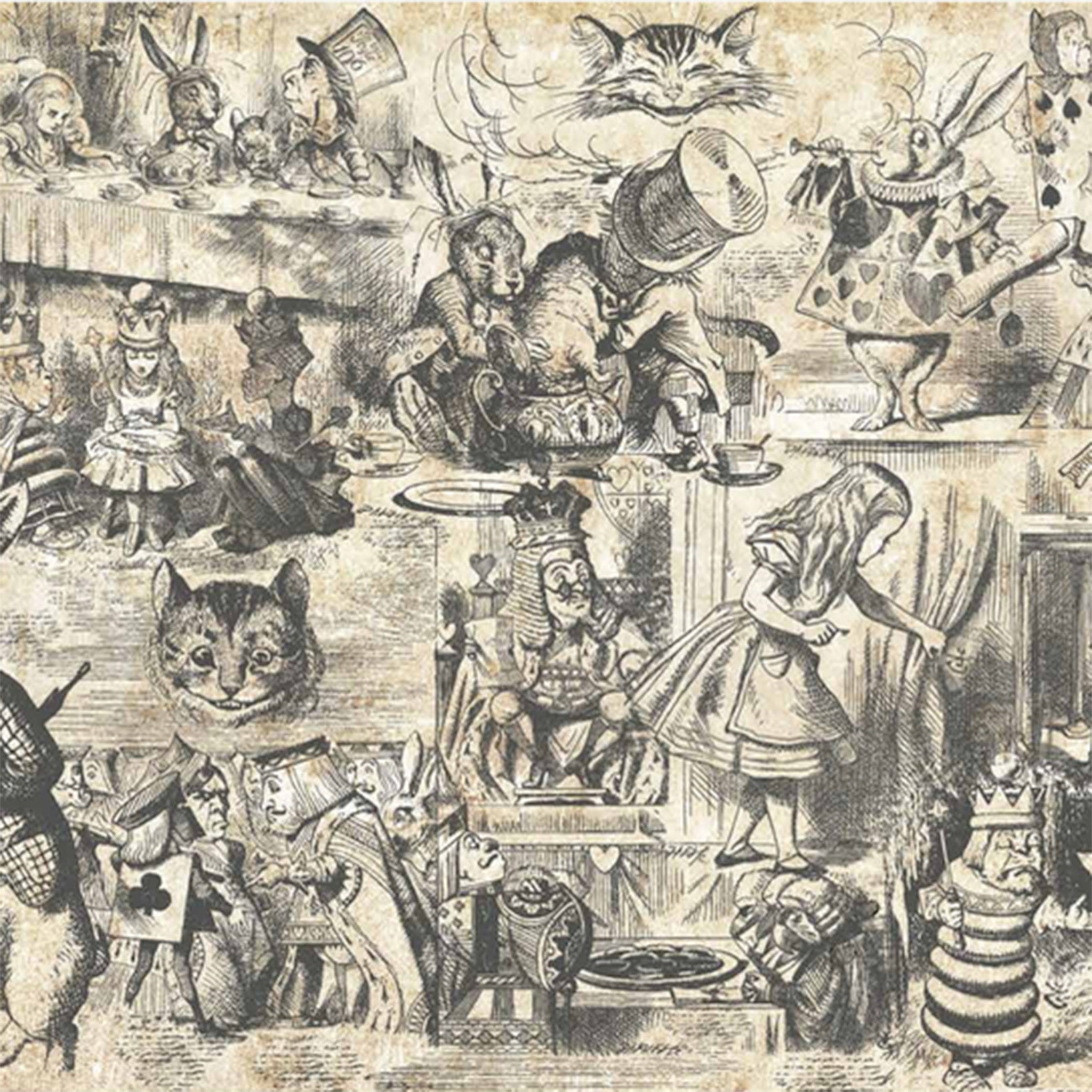 Close-up of a tissue paper design that features black and sepia tone sketches of classic scenes from Alice in Wonderland.