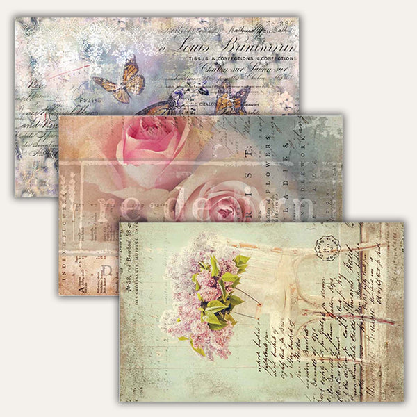 Three tissue paper sheets that feature beautiful bouquets of roses and other flowers, fluttering butterflies, and scrawling script.