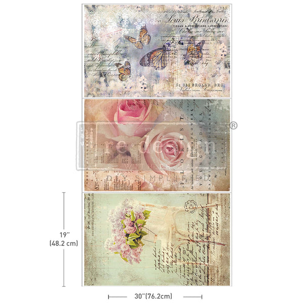 Three tissue paper sheets that feature beautiful bouquets of roses and other flowers, fluttering butterflies, and scrawling script. Measurements for 1 sheet reads: 19" [48.2 cm] by 30" [76.2 cm].