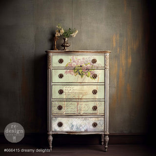 A vintage 5-drawer dresser features the Dreamy Delights tissue paper on its drawers.