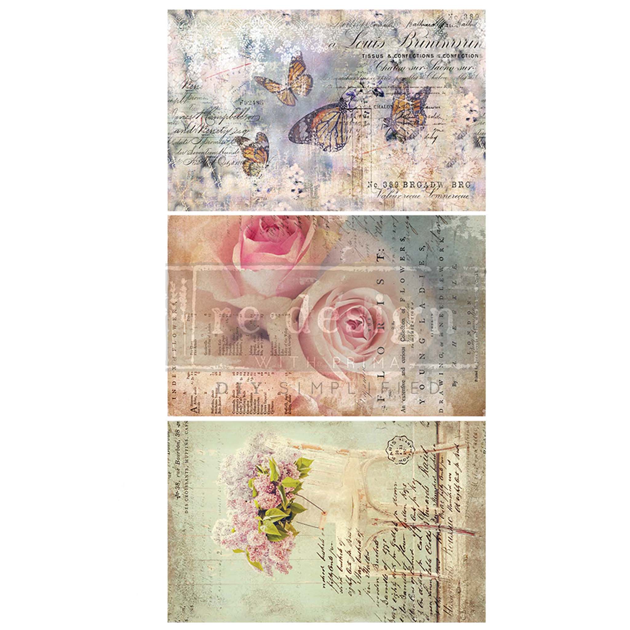 Three sheets of tissue papers featuring vintage floral designs with print and script writing are against a white background.