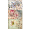Three tissue paper sheets that feature beautiful bouquets of roses and other flowers, fluttering butterflies, and scrawling script.