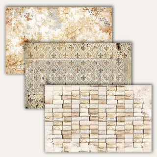 Tissue papers that feature three different designs; one featuring a fleur de lis pattern, one with rows of corks and a distressed floral print.