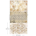 Tissue papers that feature three different designs; one featuring a fleur de lis pattern, one with rows of corks and a distressed floral print. Measurements for 1 sheet reads: 19" [48.2 cm] by 30" [76.2 cm].