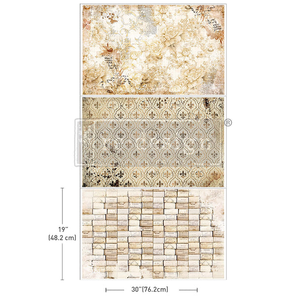 Tissue papers that feature three different designs; one featuring a fleur de lis pattern, one with rows of corks and a distressed floral print. Measurements for 1 sheet reads: 19" [48.2 cm] by 30" [76.2 cm].