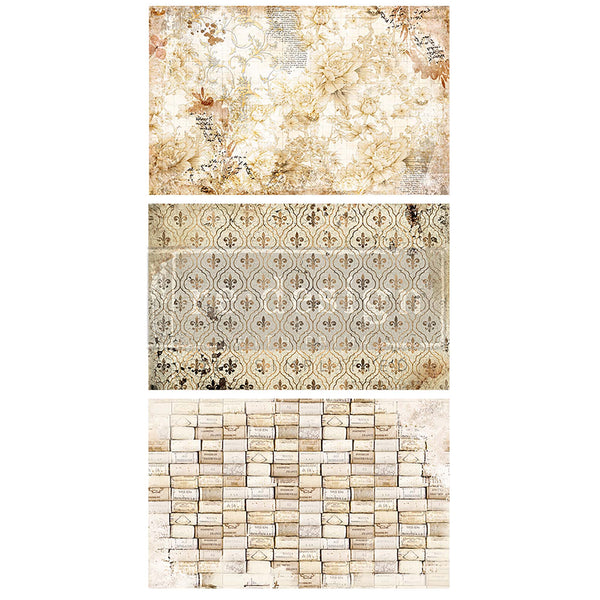 Tissue papers that feature three different designs; one featuring a fleur de lis pattern, one with rows of corks and a distressed floral print.