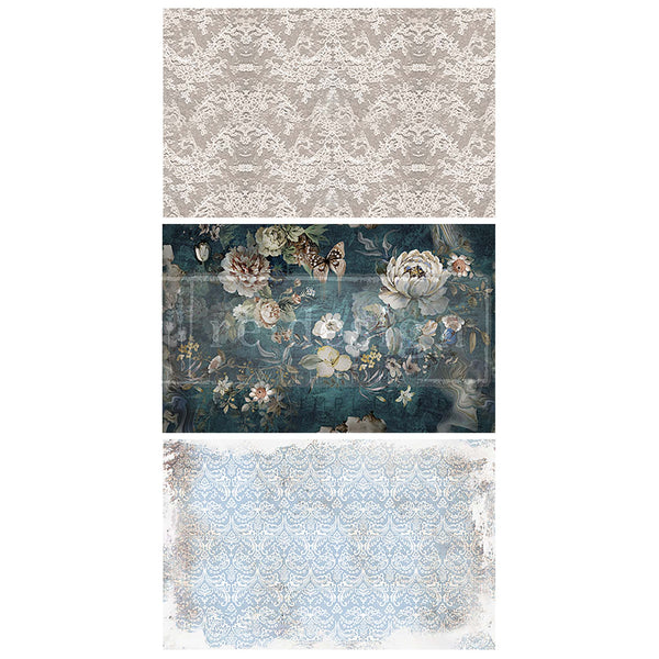 Three tissue papers that feature a stunning jewel-toned backdrop with gorgeous flowers and butterflies, and gray and blue Victorian-inspired patterns.