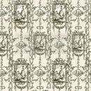 Close-up of a fiber paper featuring an olive green floral pattern against a cream background with a stylish Victorian lady in a grand dress. 