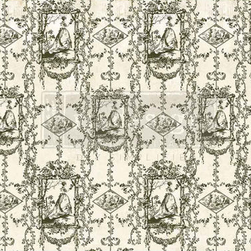 Close-up of a fiber paper featuring an olive green floral pattern against a cream background with a stylish Victorian lady in a grand dress. 