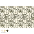 Fiber paper featuring an olive green floral pattern against a cream background with a stylish Victorian lady in a grand dress. White borders are on the top and bottom with 3 matching color samples.