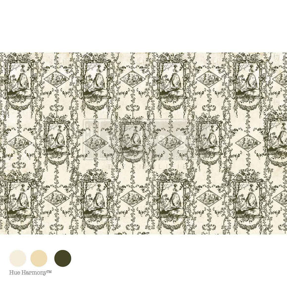 Fiber paper featuring an olive green floral pattern against a cream background with a stylish Victorian lady in a grand dress. White borders are on the top and bottom with 3 matching color samples.