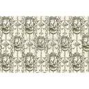 Fiber paper featuring an olive green floral pattern against a cream background with a stylish Victorian lady in a grand dress. White borders are on the top and bottom.