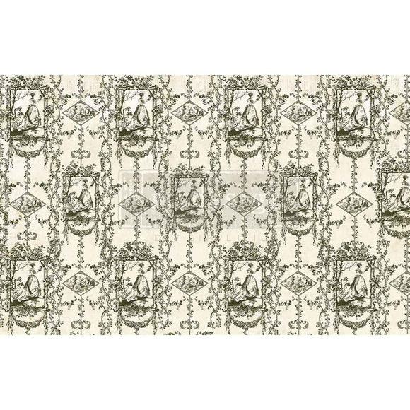Fiber paper featuring an olive green floral pattern against a cream background with a stylish Victorian lady in a grand dress. White borders are on the top and bottom.