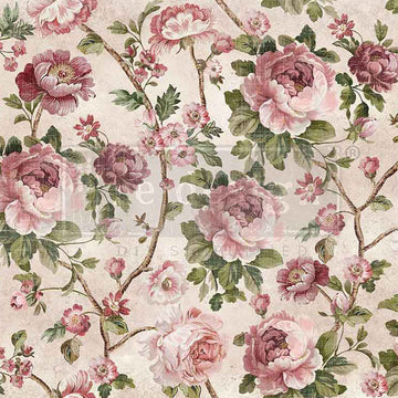 Close-up of a fiber paper featuring a soft creamy blush background with mauve and pink roses on winding branches. 