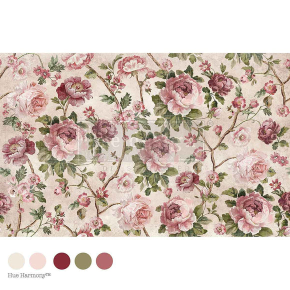 Fiber paper featuring a soft creamy blush background with mauve and pink roses on winding branches. White borders on the top and bottom with 5 matching color samples.