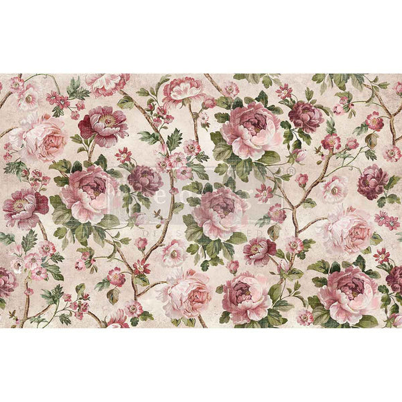 Fiber paper featuring a soft creamy blush background with mauve and pink roses on winding branches. White borders are on the top and bottom.