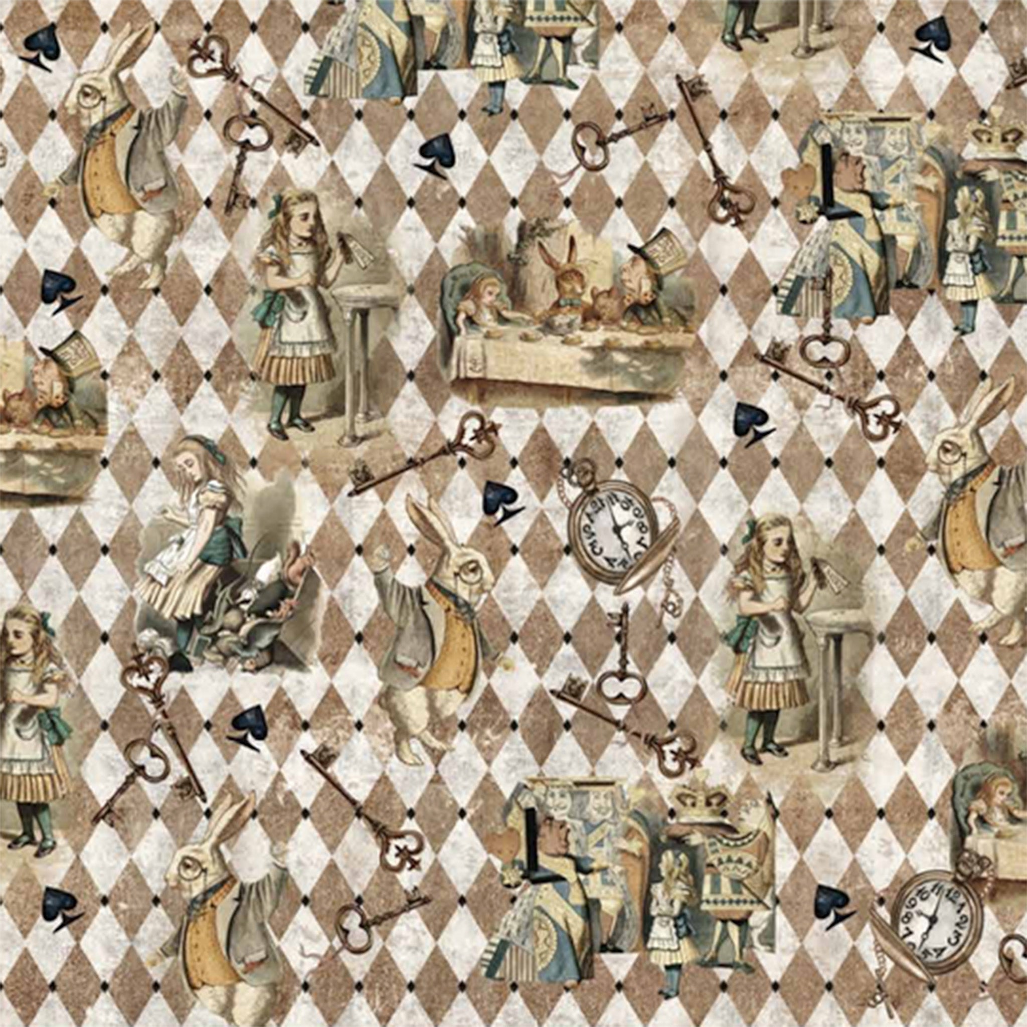 Close-up of a tissue paper featuring a whimsical brown and cream harlequin background with beloved vintage Alice in Wonderland characters.