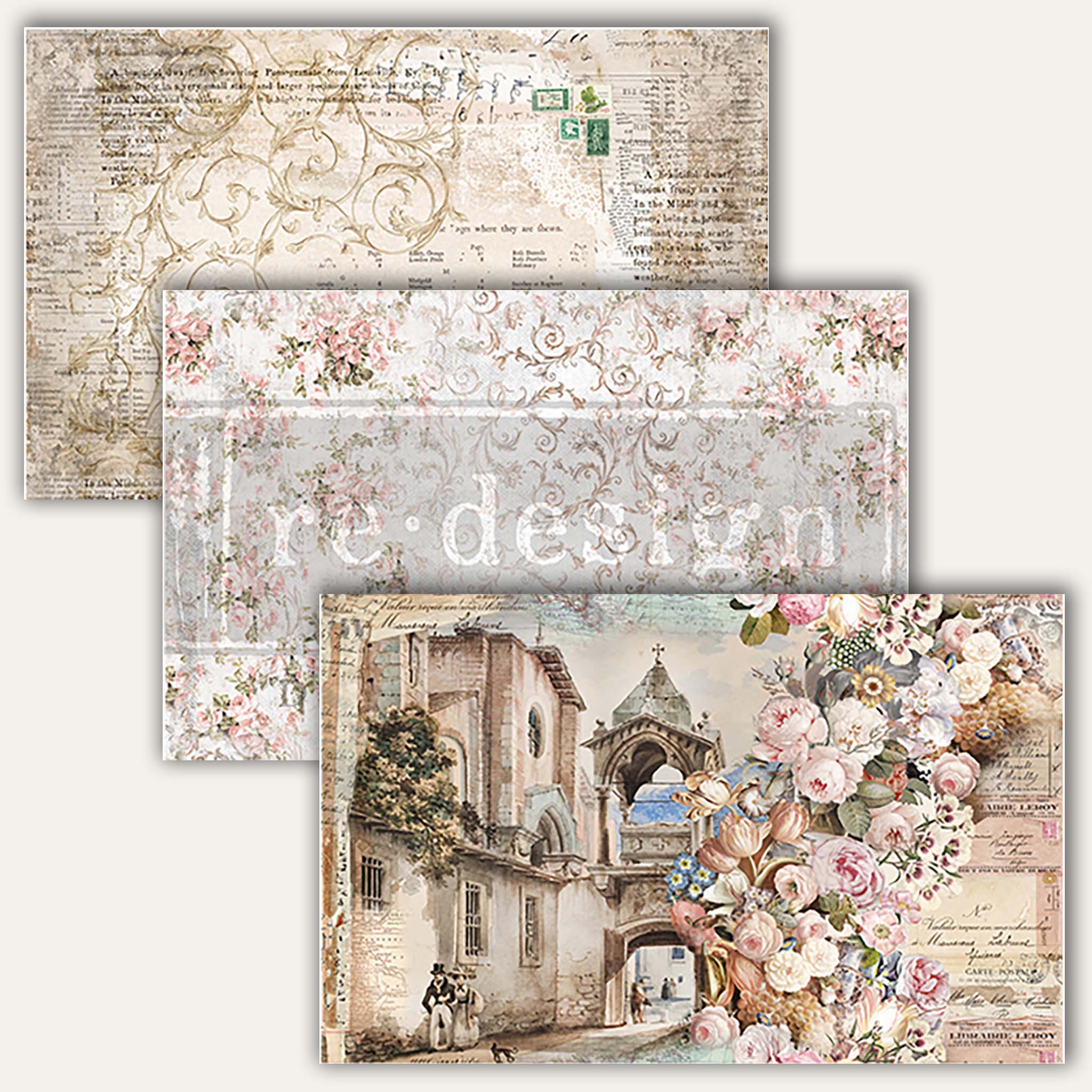 Three sheets of tissue papers featuring vintage designs with scrolling filagree, soft pink flowers, and a quiet village scene are against a white background.