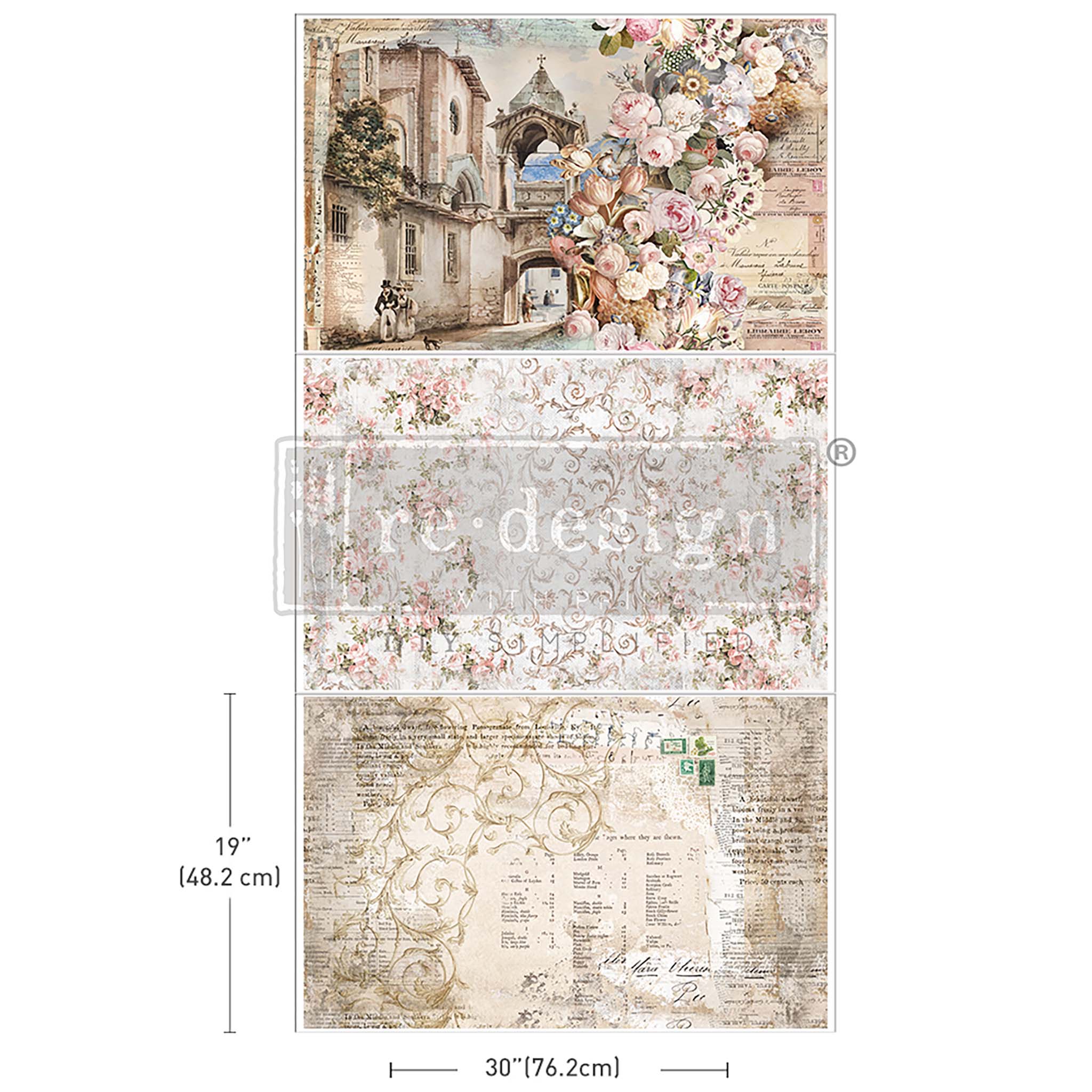 Three sheets of ReDesign with Prima's Old World Charm tissue papers are against a white background. Measurements for 1 sheet reads: 19" (48.2 cm) x 30" (76.2 cm).