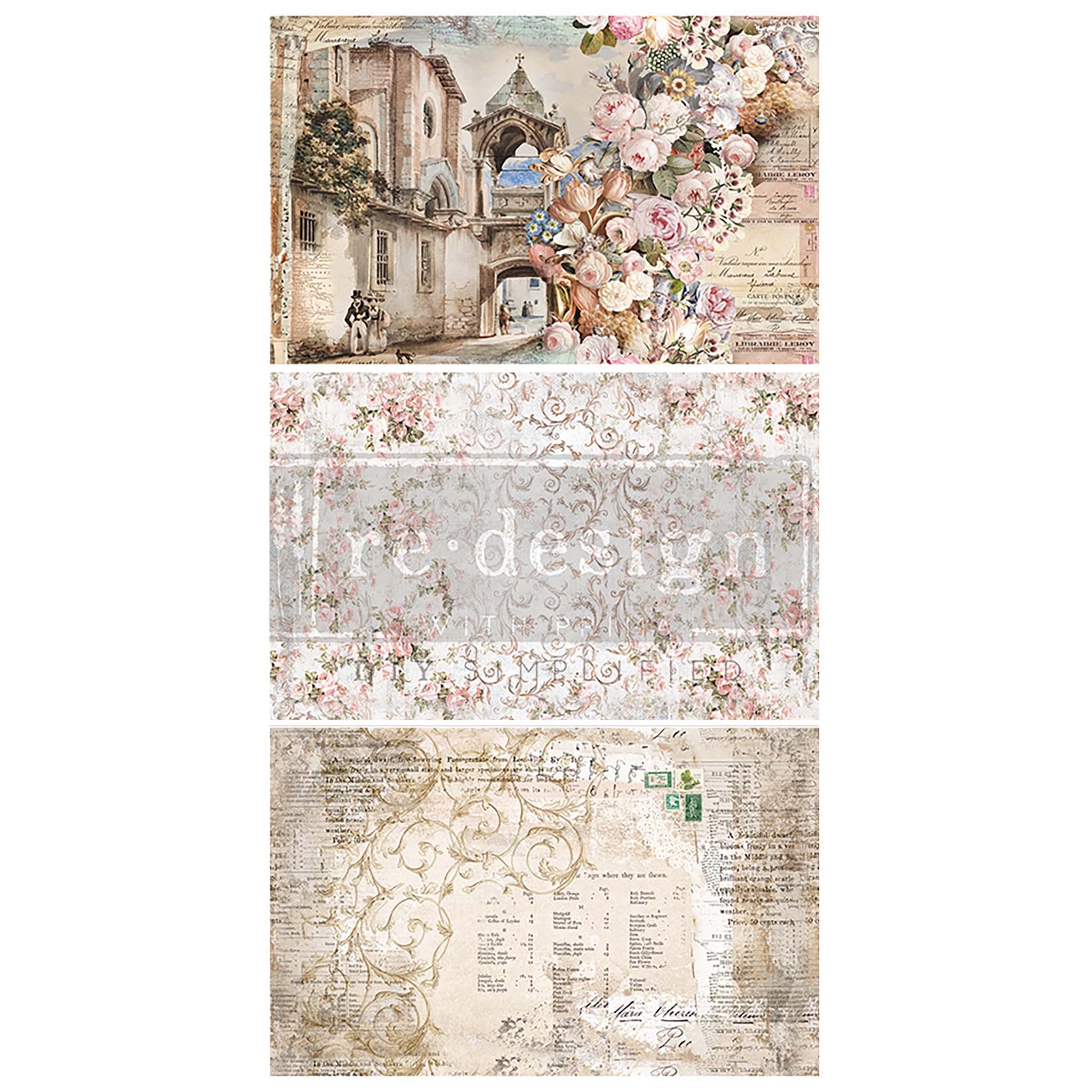 Three sheets of tissue papers featuring vintage designs with scrolling filagree, soft pink flowers, and a quiet village scene are against a white background.