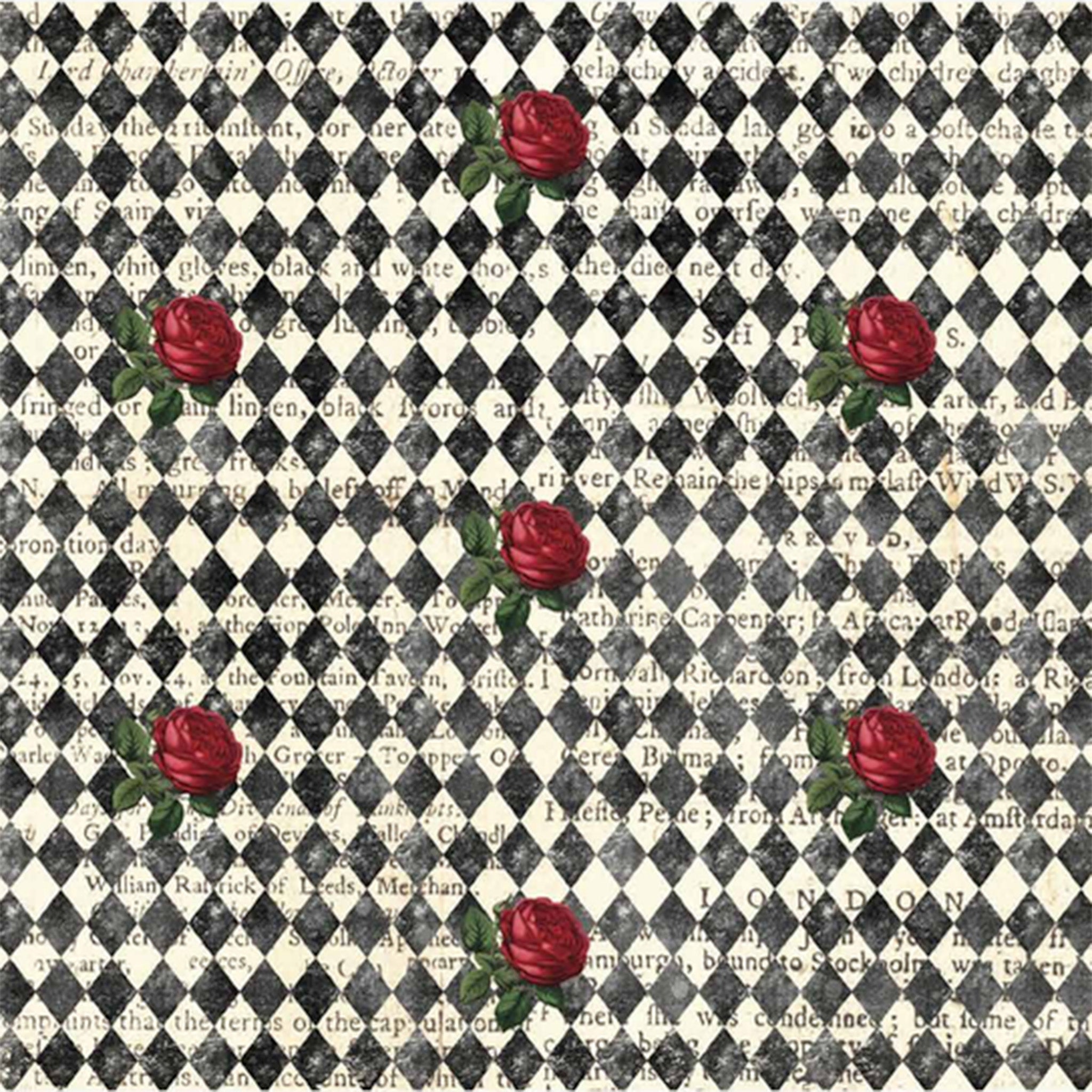 Close-up of a tissue paper design featuring small red roses and lightly distressed black harlequin over a vintage newspaper backdrop.