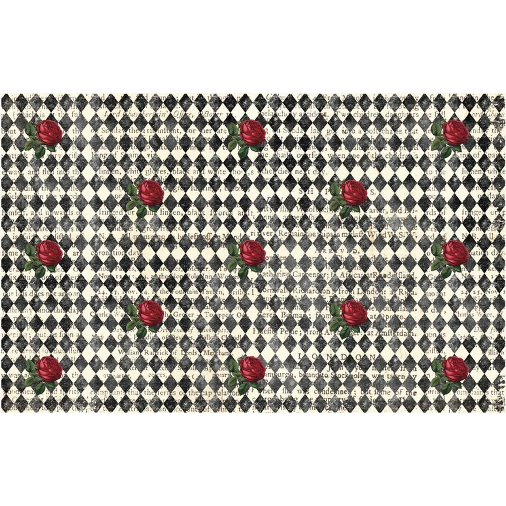 Tissue paper design that features small red roses and lightly distressed black harlequin over a vintage newspaper backdrop is against a white background.