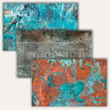 Three sheets of tissue paper featuring vibrant blue and orange patina patterns, distressed finish and a vintage crackle finish