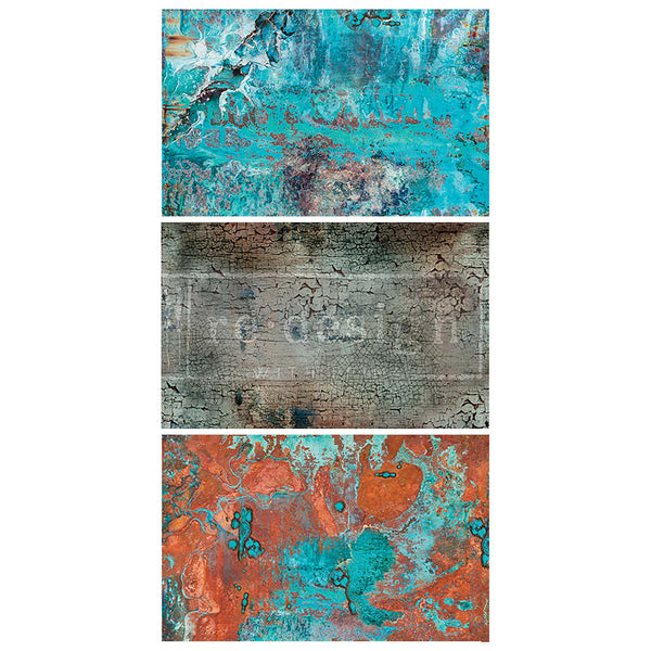 Three sheets of tissue paper featuring vibrant blue and orange patina patterns, distressed finish and a vintage crackle finish. White borders are on the sides.