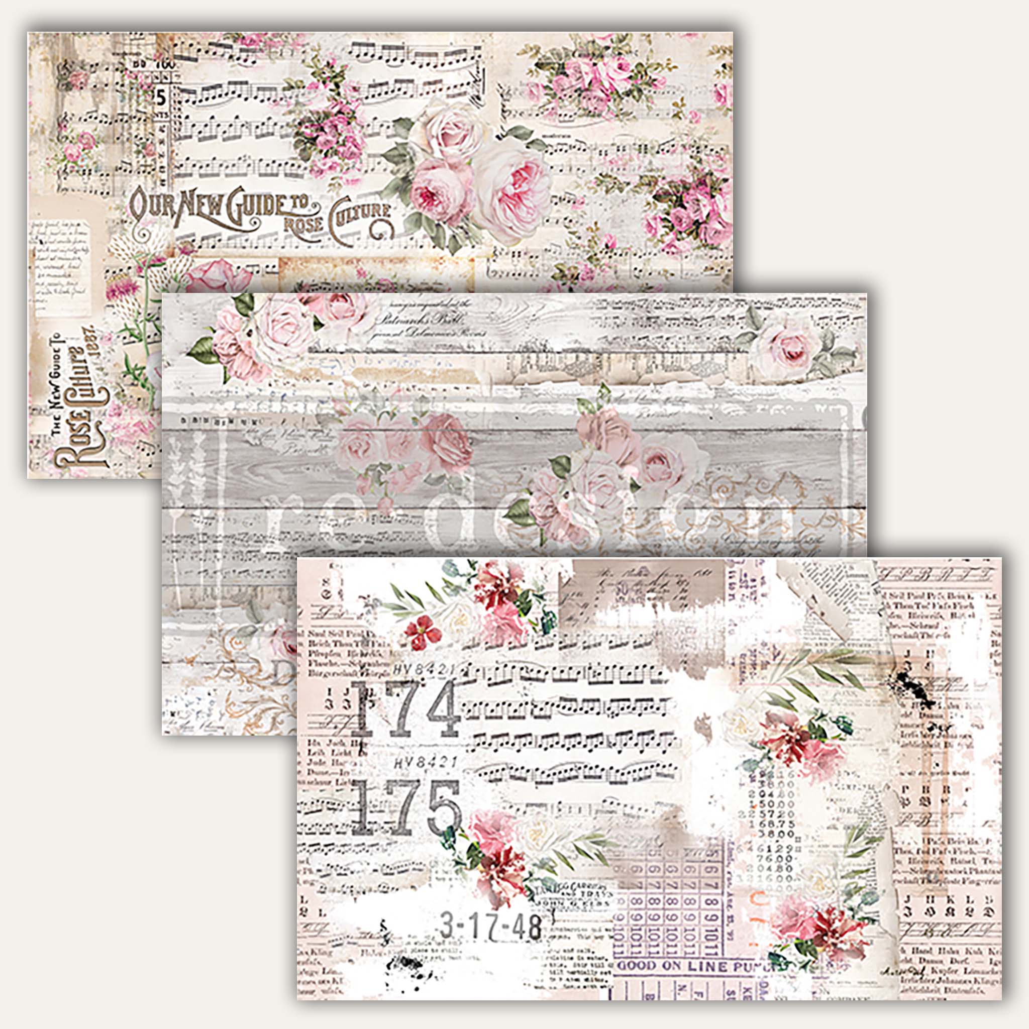 Three sheets of tissue papers featuring unique designs of script, sheet music, and pink roses.