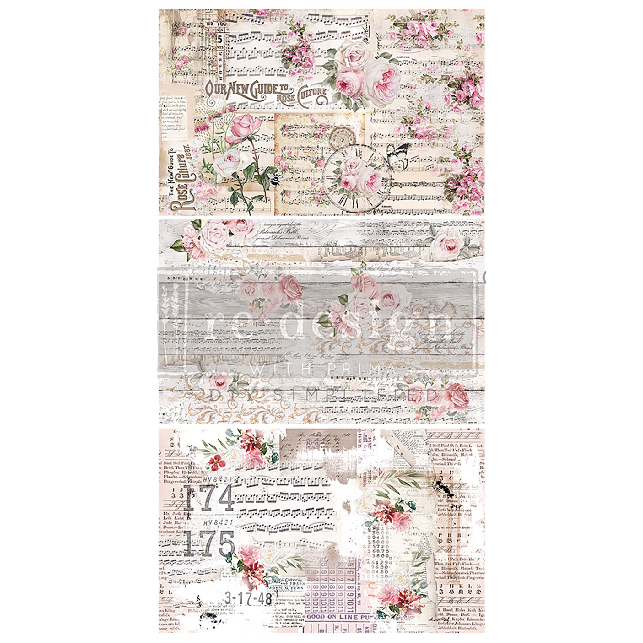 Featuring unique designs of script, sheet music, and pink roses White borders are on the sides.