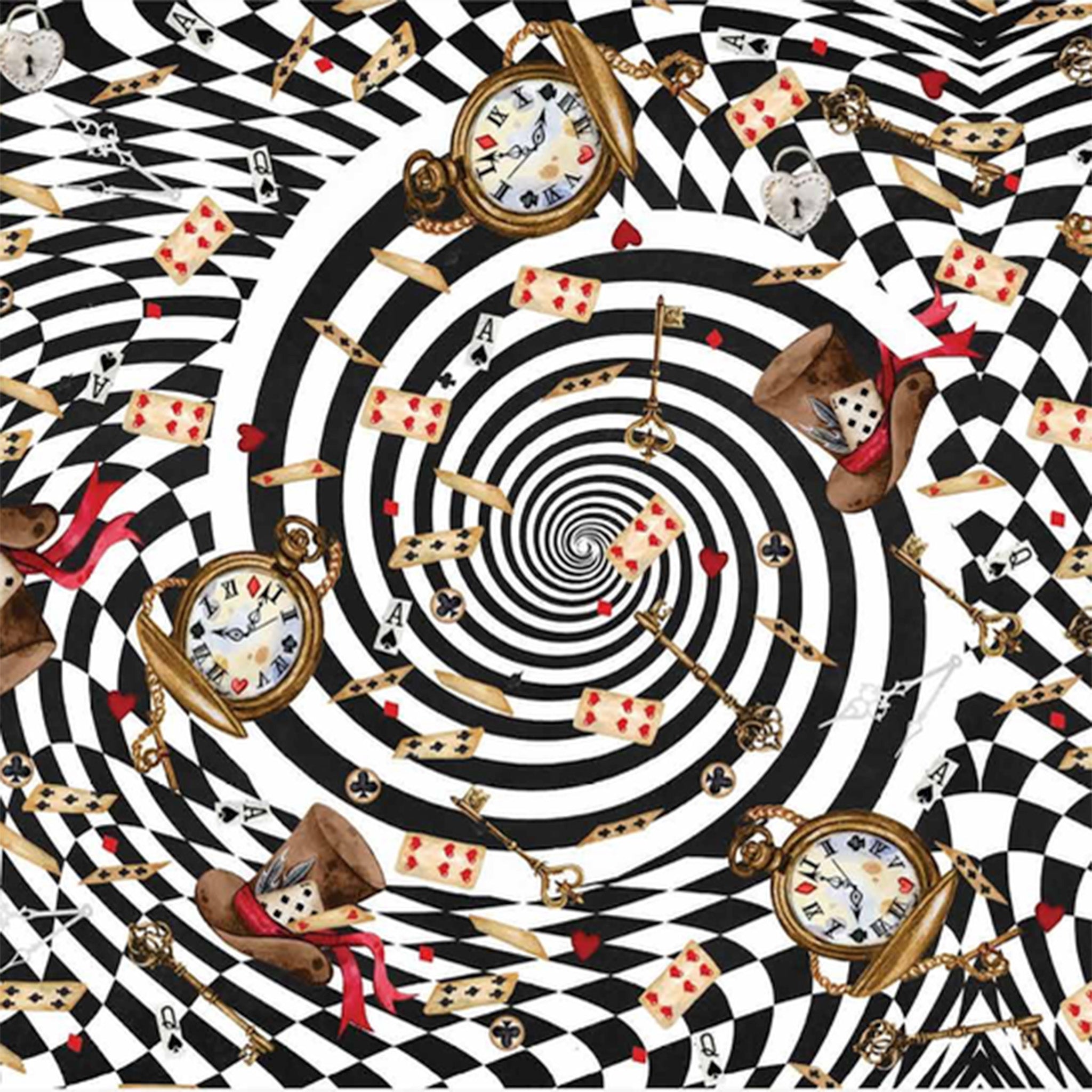 Close-up of a tissue paper design featuring a hypnotic black and white swirl inside abstract harlequin diamonds with clocks, playing cards, and other Alice in Wonderland items.