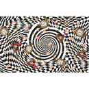 Tissue paper design featuring a hypnotic black and white swirl inside abstract harlequin diamonds with clocks, playing cards, and other Alice in Wonderland items is against a white background.