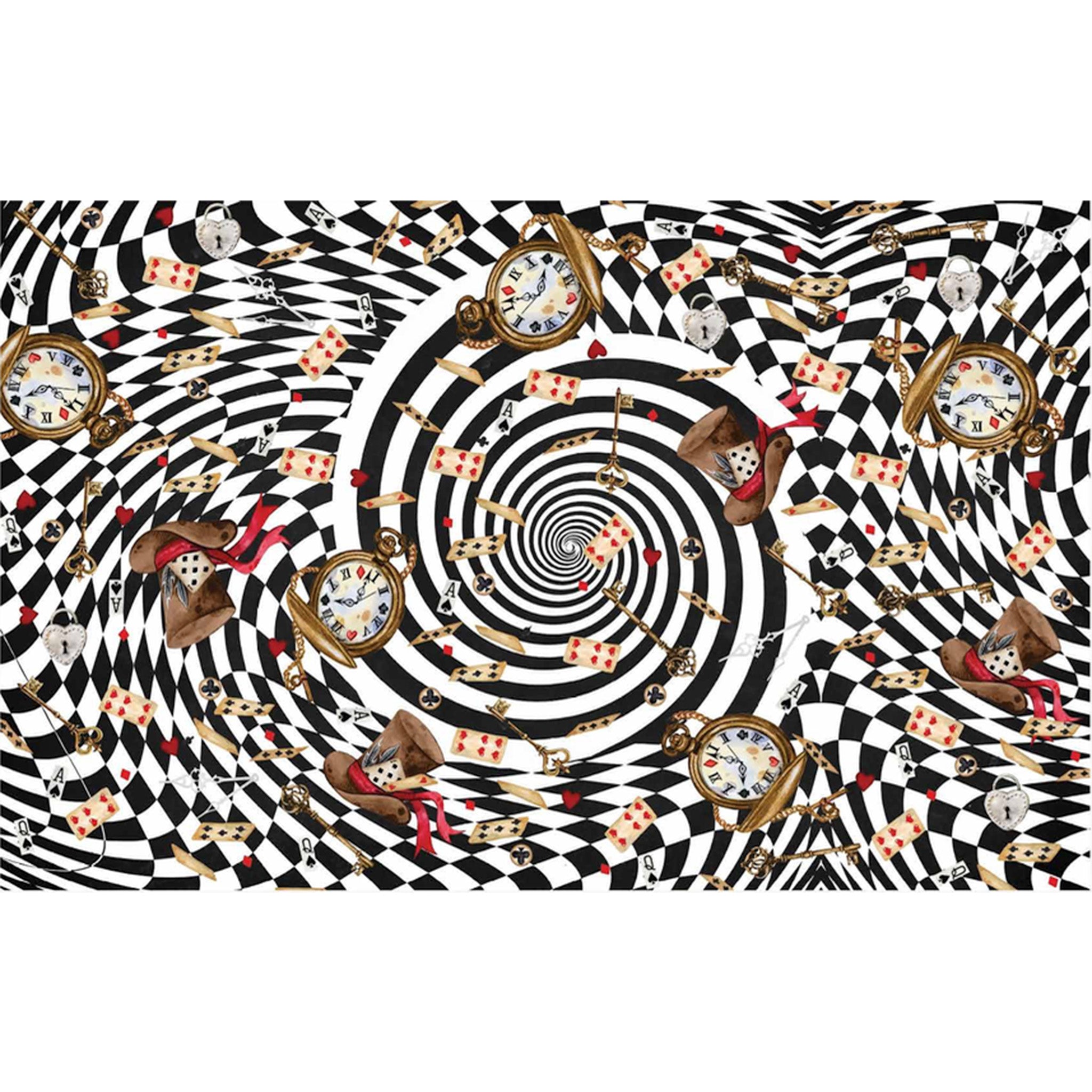 Tissue paper design featuring a hypnotic black and white swirl inside abstract harlequin diamonds with clocks, playing cards, and other Alice in Wonderland items is against a white background.