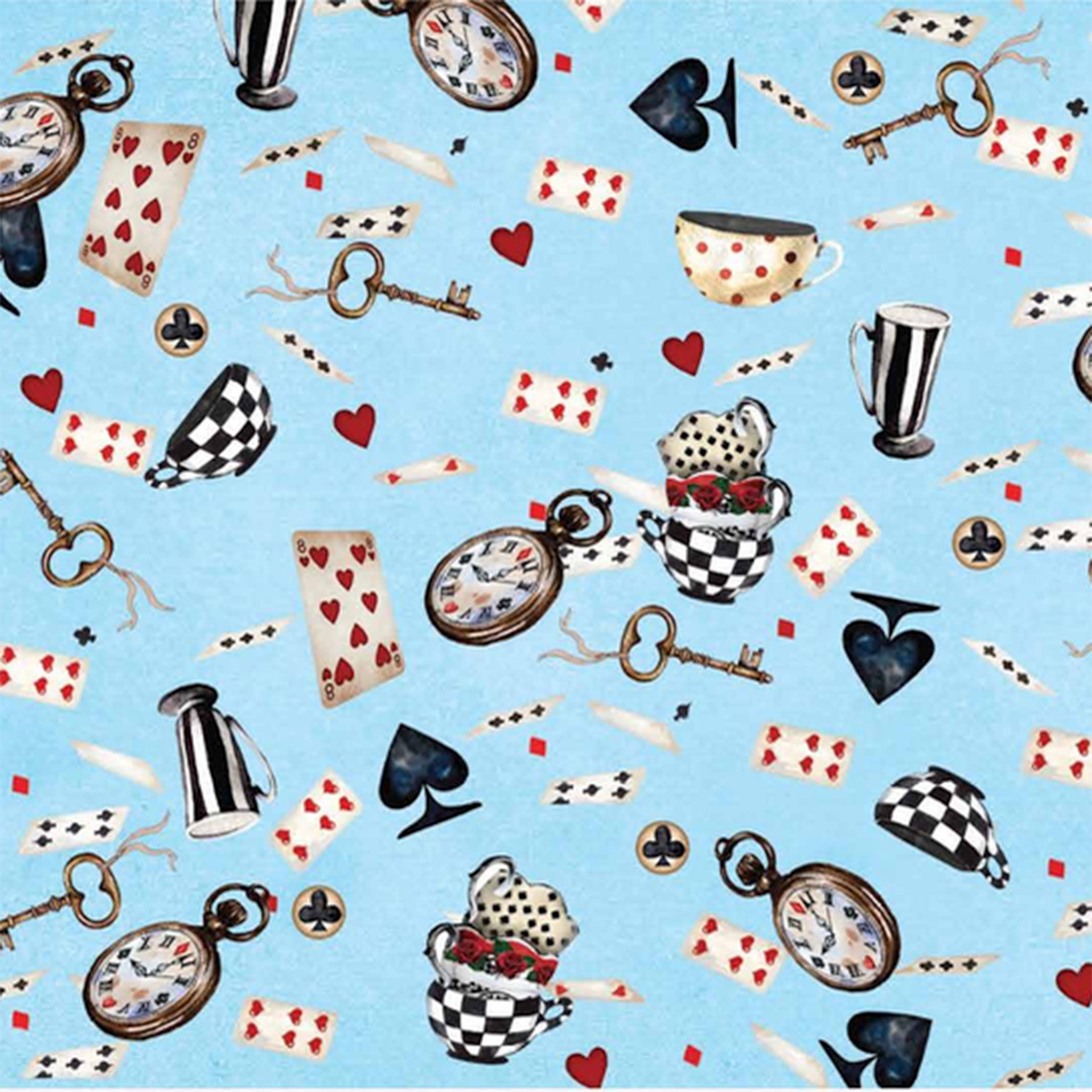 Close-up of a tissue paper design that features vintage keys, playing cards, clocks, and other Alice in Wonderland designs on a pale blue backdrop.