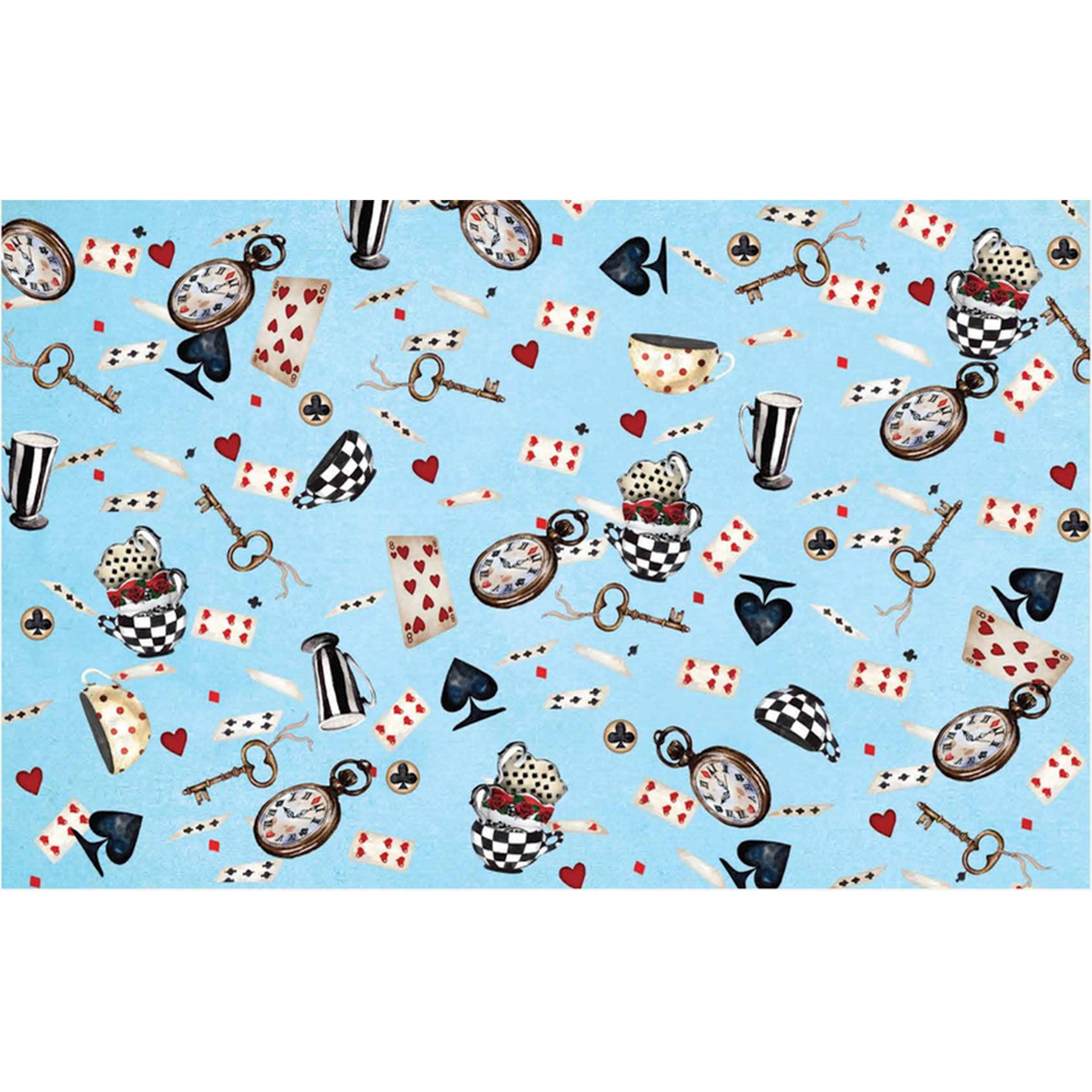 Tissue paper design that features vintage keys, playing cards, clocks, and other Alice in Wonderland designs on a pale blue backdrop is against a white background.