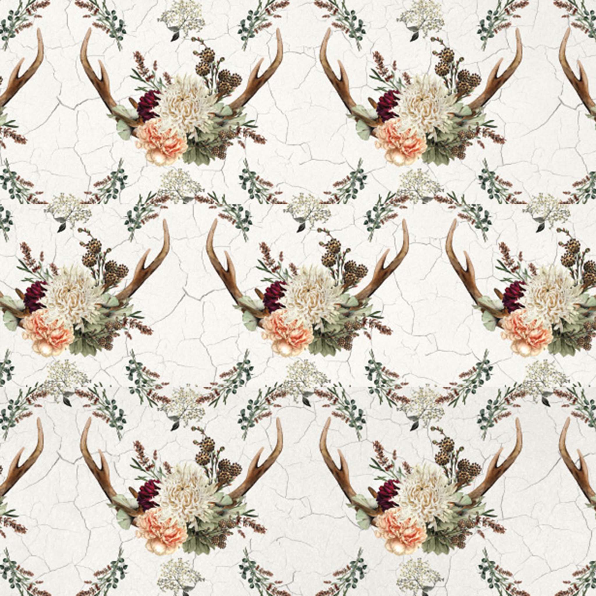 Tissue paper design featuring a trendy boho mix of antlers and flowers on top of a weathered crackle background.