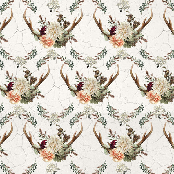 Tissue paper design featuring a trendy boho mix of antlers and flowers on top of a weathered crackle background.