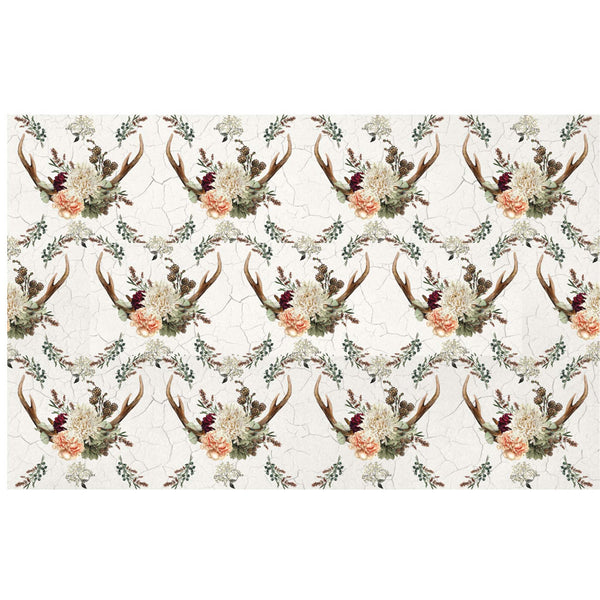 Tissue paper design featuring a trendy boho mix of antlers and flowers on top of a weathered crackle background. White borders are on the top and bottom.