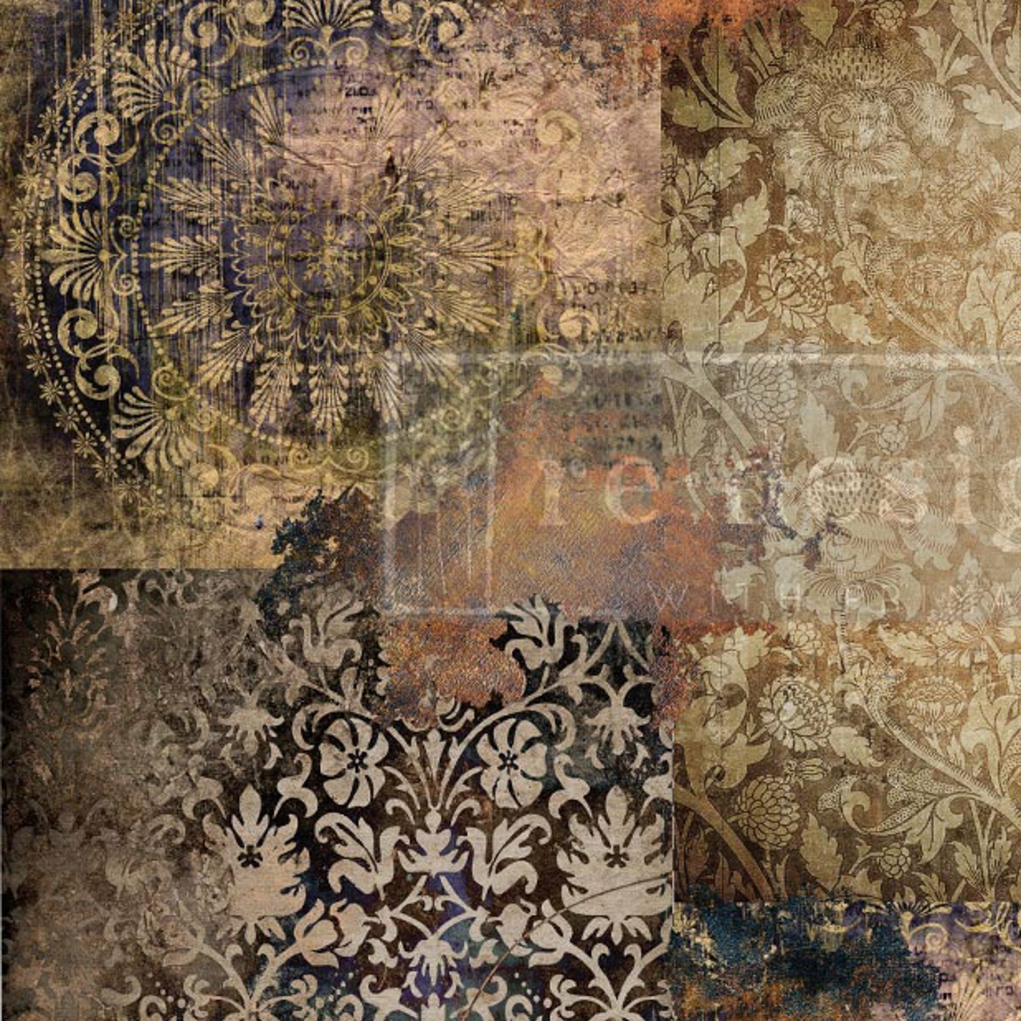 A close-up of a tissue paper design that features a collage of weathered vintage damask patterns.