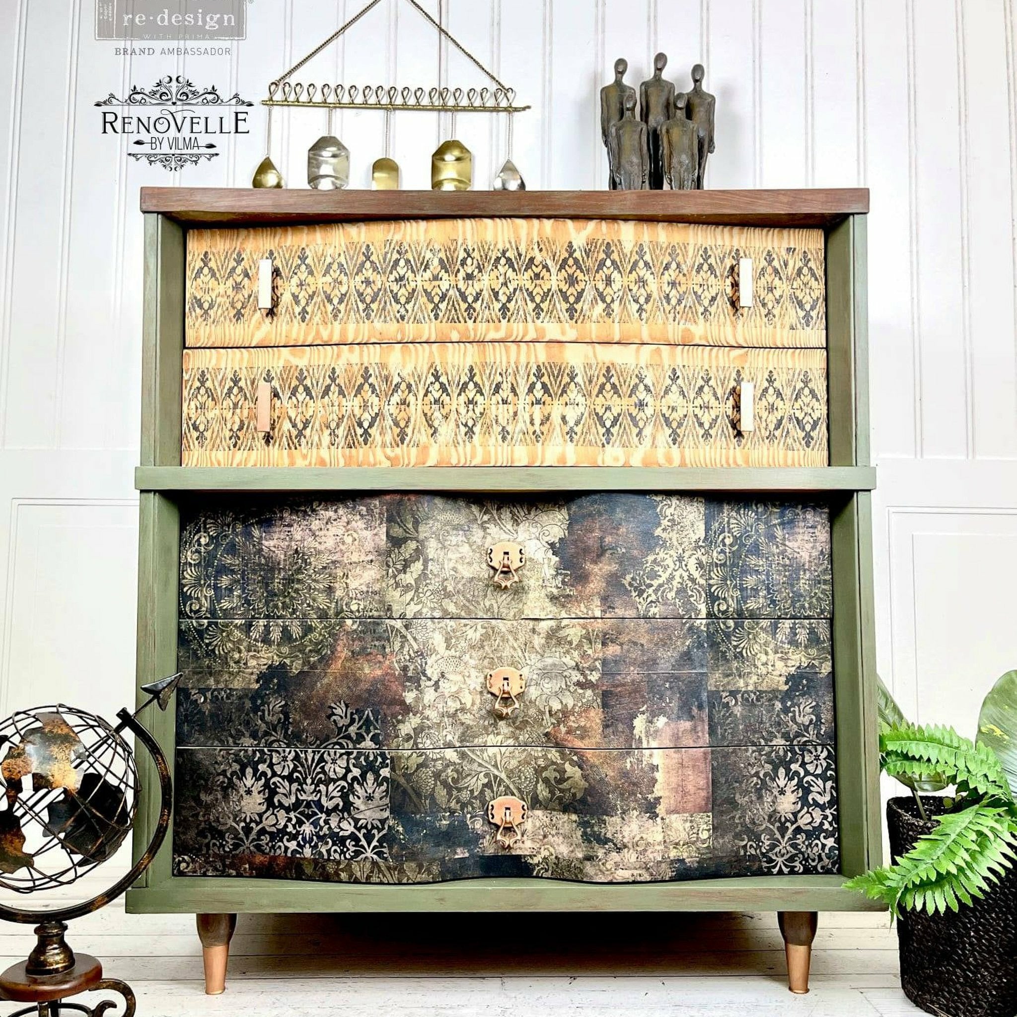 A vintage 5-drawer dresser refurbished by Renovelle by Vilma features ReDesign with Prima's Gothic Rhapsody tissue paper on its bottom 3 drawers.